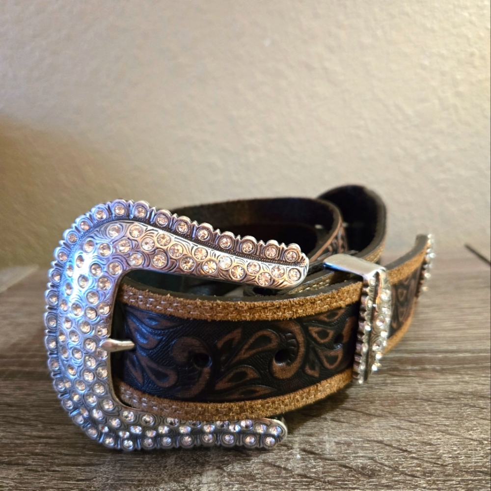 Tony Lama Brown and Black Western Belt with Bking & Silver Buckle